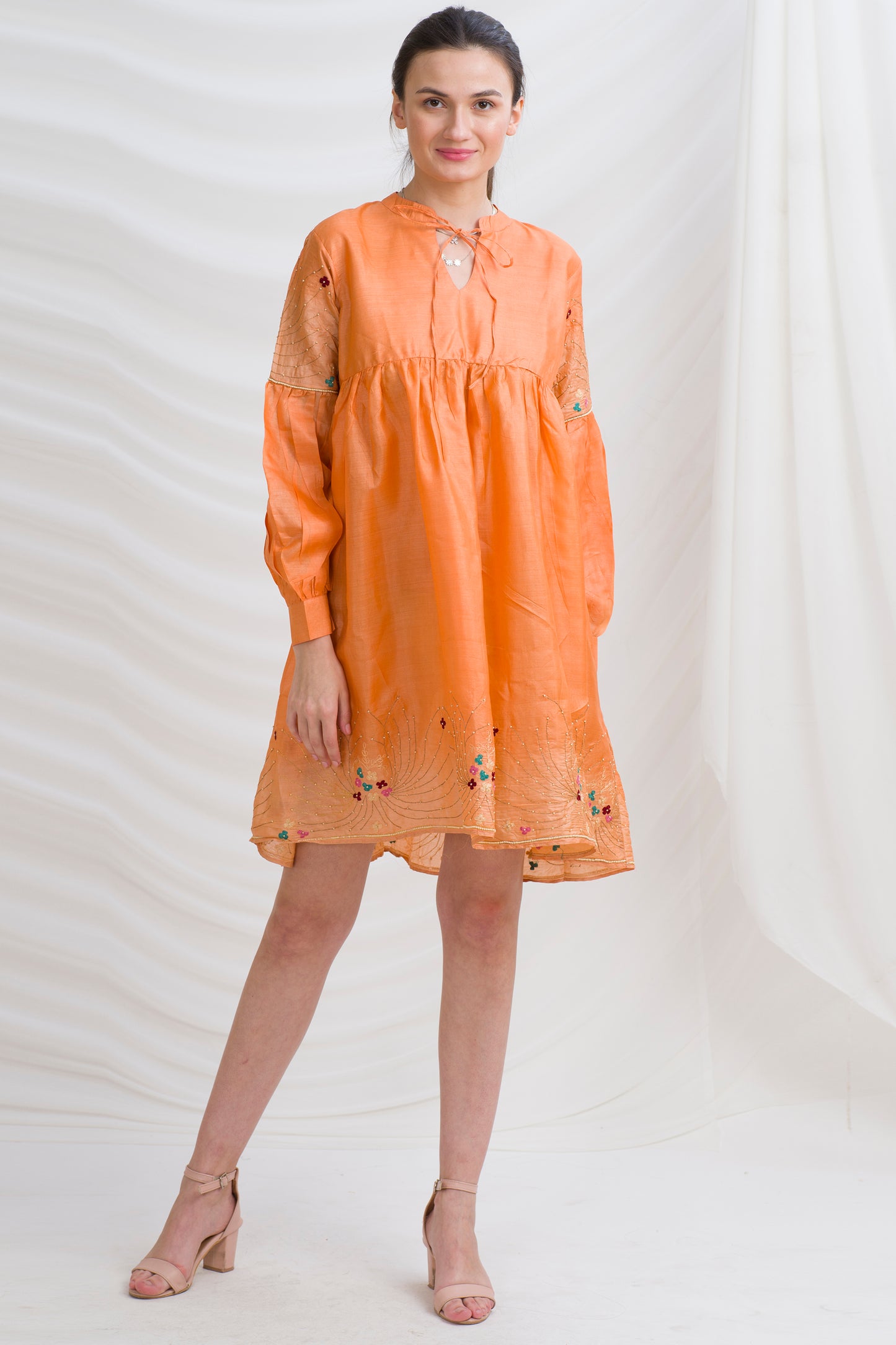 Sanskriti Vintage Tunic Dress w/ Balloon Sleeves Pure Silk, Upcycled Free Size