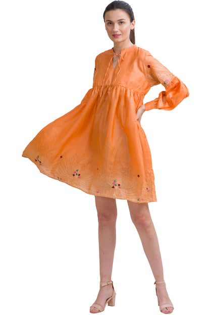 Sanskriti Vintage Tunic Dress w/ Balloon Sleeves Pure Silk, Upcycled Free Size