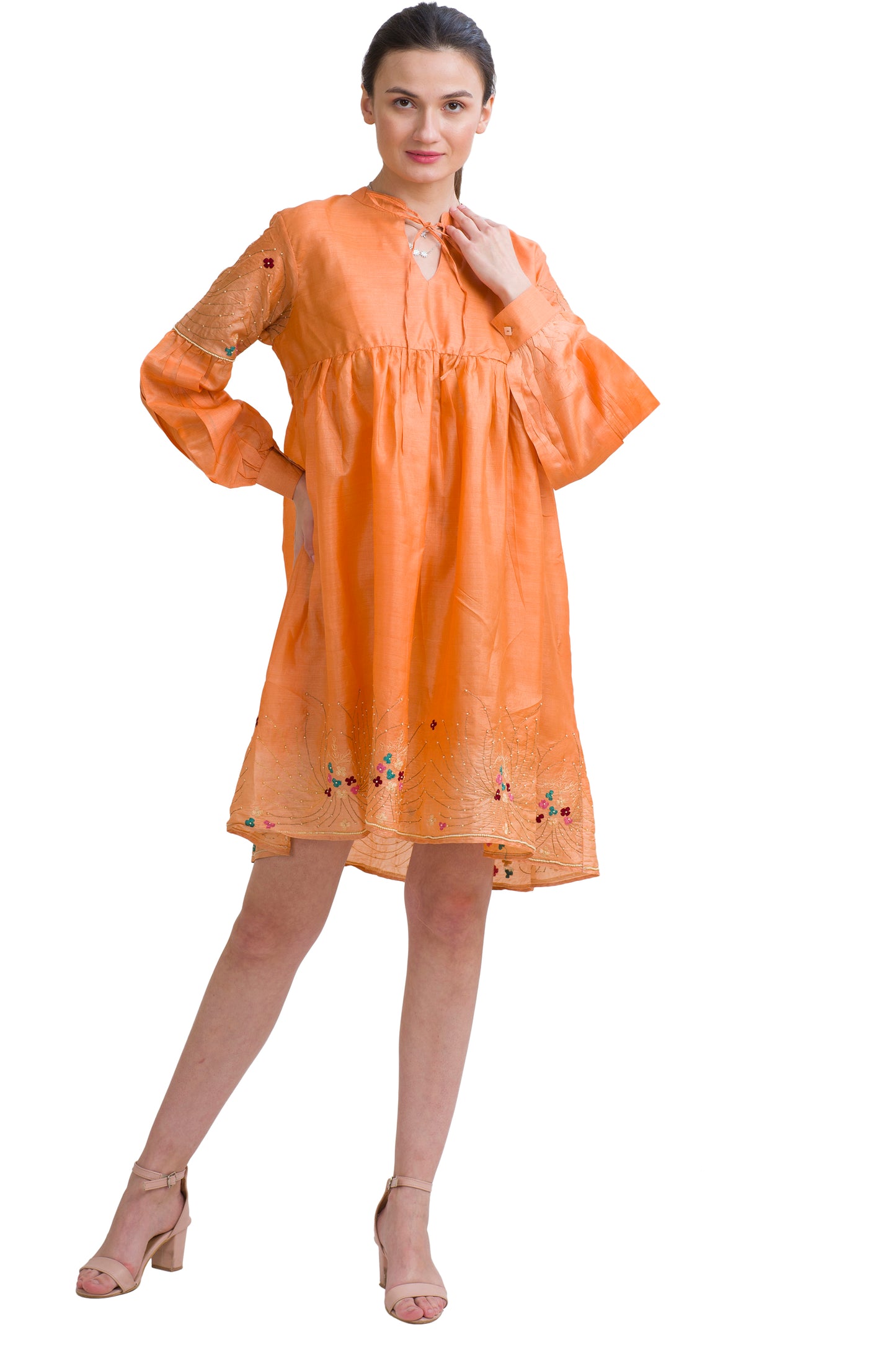 Sanskriti Vintage Tunic Dress w/ Balloon Sleeves Pure Silk, Upcycled Free Size
