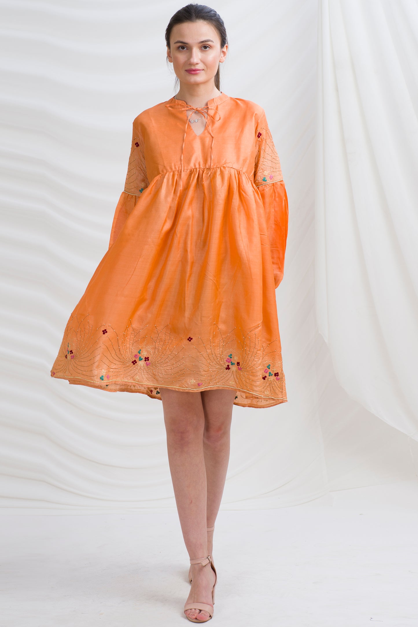 Sanskriti Vintage Tunic Dress w/ Balloon Sleeves Pure Silk, Upcycled Free Size