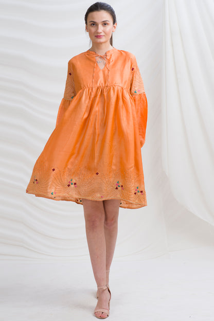 Sanskriti Vintage Tunic Dress w/ Balloon Sleeves Pure Silk, Upcycled Free Size