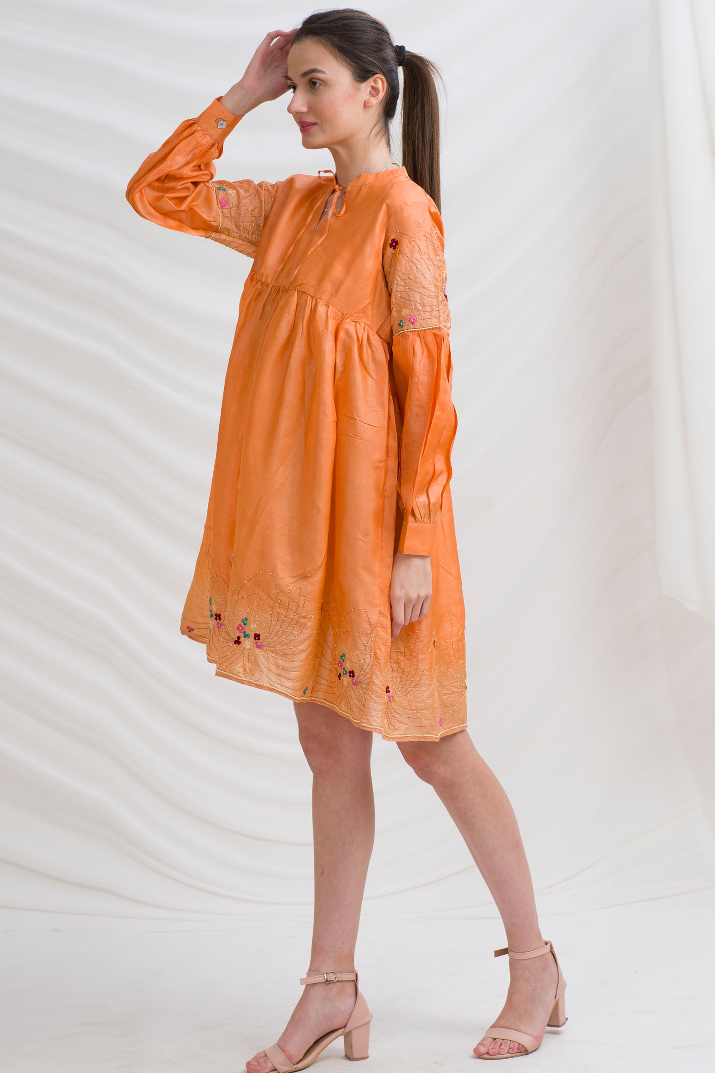 Sanskriti Vintage Tunic Dress w/ Balloon Sleeves Pure Silk, Upcycled Free Size