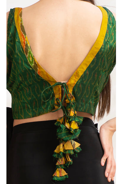 Sanskriti Vintage Pure Silk Plunge Neck Blouse, Upcycled Ikat Sari, Large