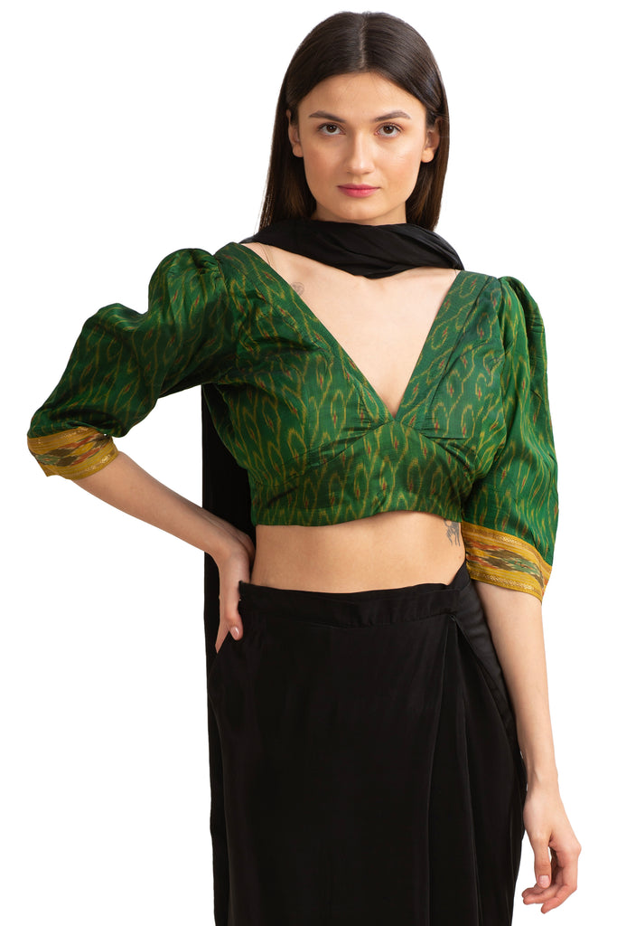 Sanskriti Vintage Pure Silk Plunge Neck Blouse, Upcycled Ikat Sari, Large