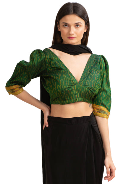 Sanskriti Vintage Pure Silk Plunge Neck Blouse, Upcycled Ikat Sari, Large