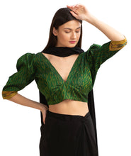 Load image into Gallery viewer, Sanskriti Vintage Pure Silk Plunge Neck Blouse, Upcycled Ikat Sari, Large
