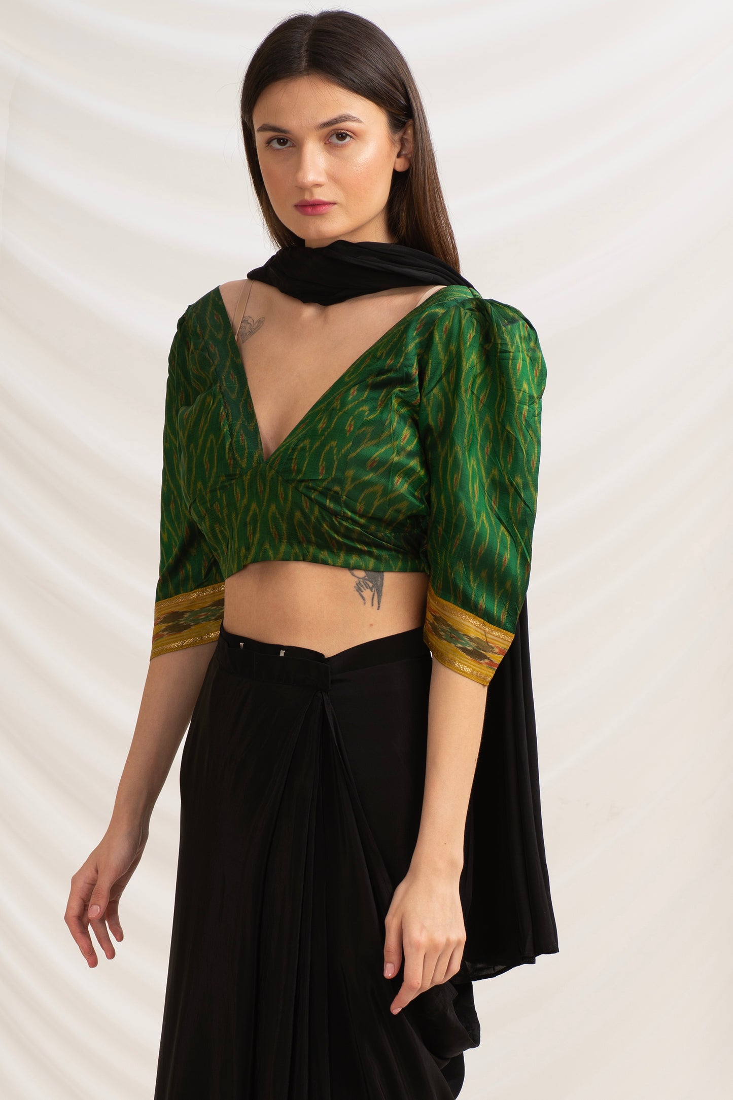 Sanskriti Vintage Pure Silk Plunge Neck Blouse, Upcycled Ikat Sari, Large