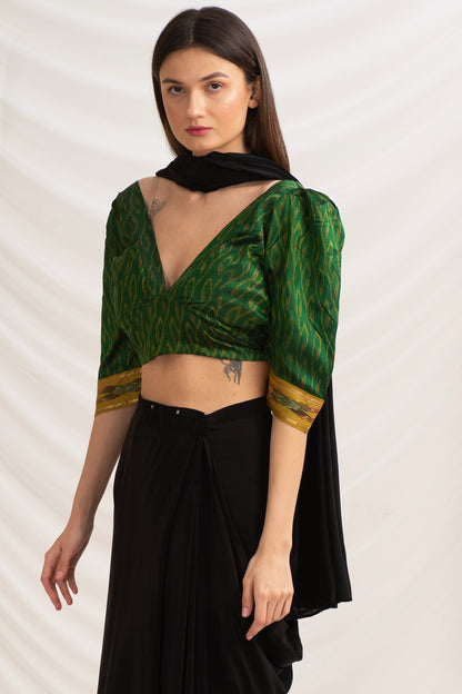 Sanskriti Vintage Pure Silk Plunge Neck Blouse, Upcycled Ikat Sari, Large