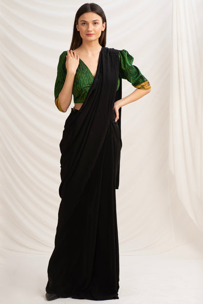 Sanskriti Vintage Pure Silk Plunge Neck Blouse, Upcycled Ikat Sari, Large