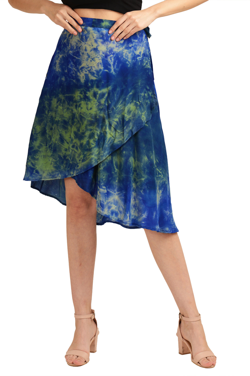 Sanskriti Vintage Wrap Skirt Pure Crepe Silk Tie-Dye Floral, Upcycled Free Size