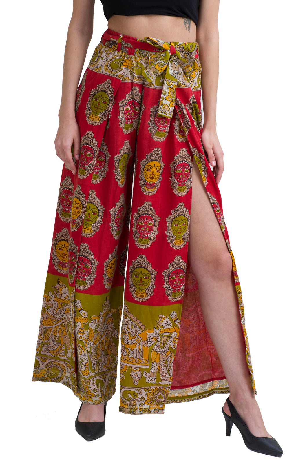 Sanskriti Vintage Wrap Style Palazzo Pant Pure Cotton Printed, Upcycled S Size