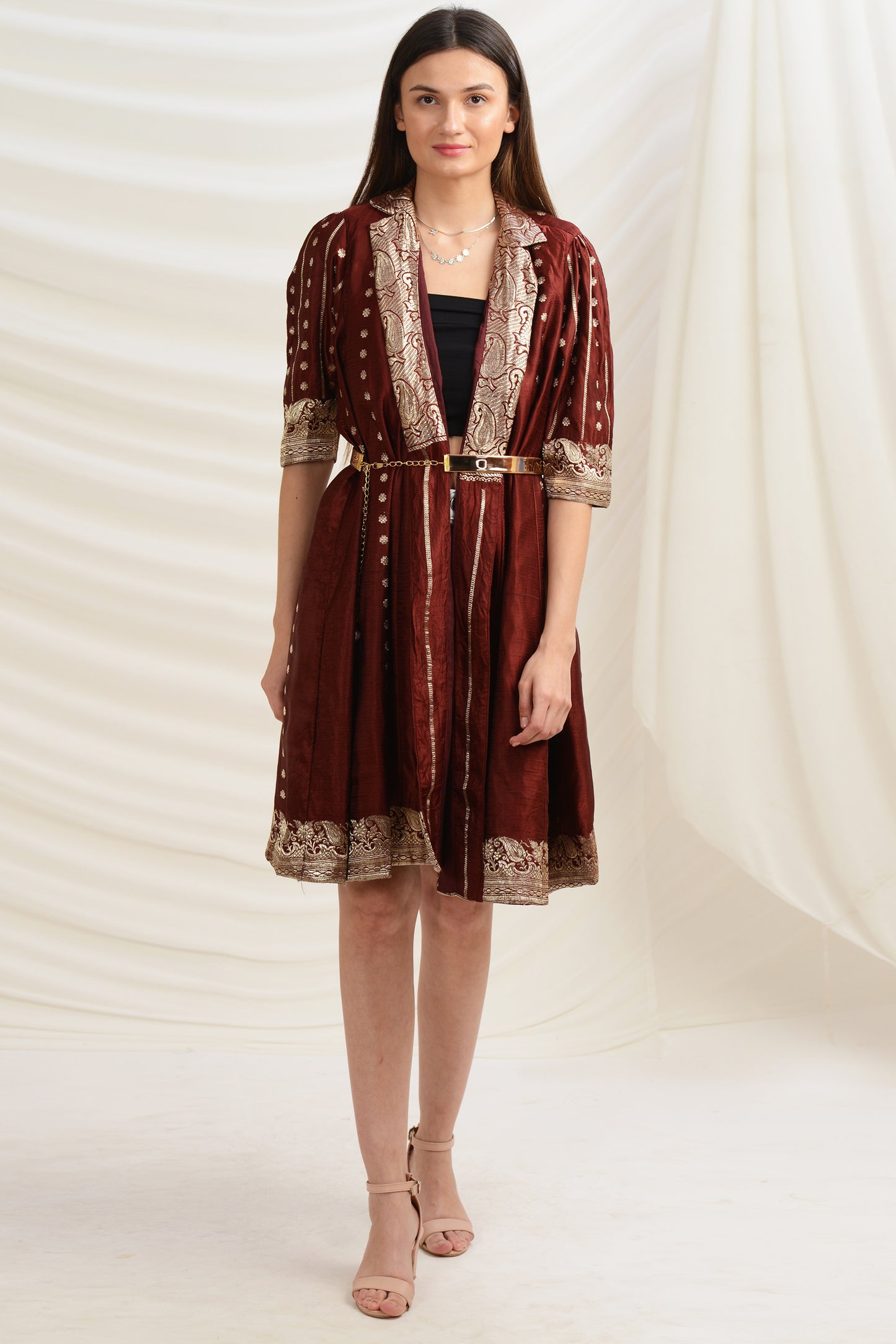 Sanskriti Vintage Long Flared Jacket Satin Silk Brocade, Upcycled Free Size