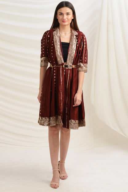 Sanskriti Vintage Long Flared Jacket Satin Silk Brocade, Upcycled Free Size