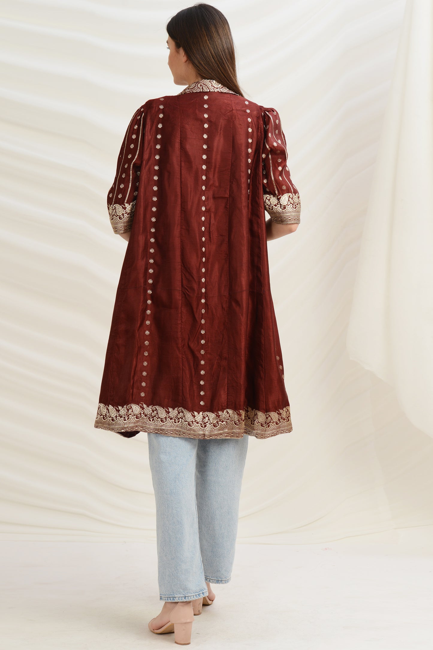 Sanskriti Vintage Long Flared Jacket Satin Silk Brocade, Upcycled Free Size