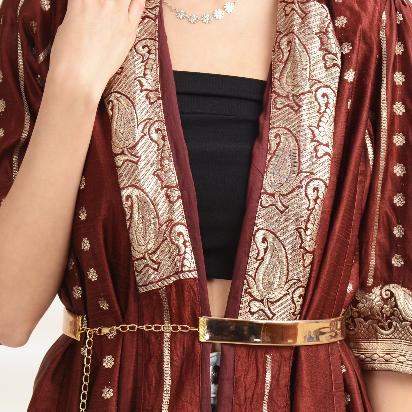 Sanskriti Vintage Long Flared Jacket Satin Silk Brocade, Upcycled Free Size