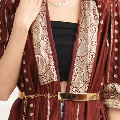 Sanskriti Vintage Long Flared Jacket Satin Silk Brocade, Upcycled Free Size