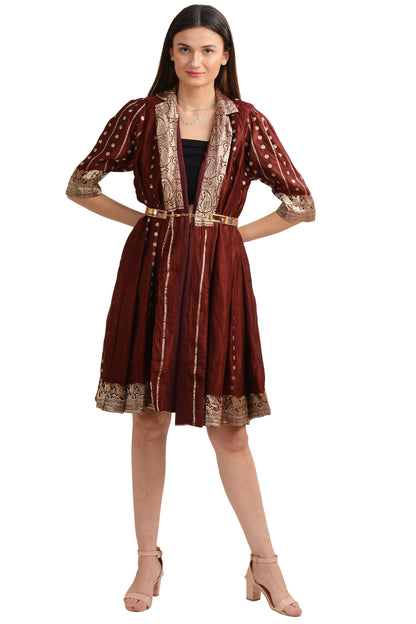 Sanskriti Vintage Long Flared Jacket Satin Silk Brocade, Upcycled Free Size