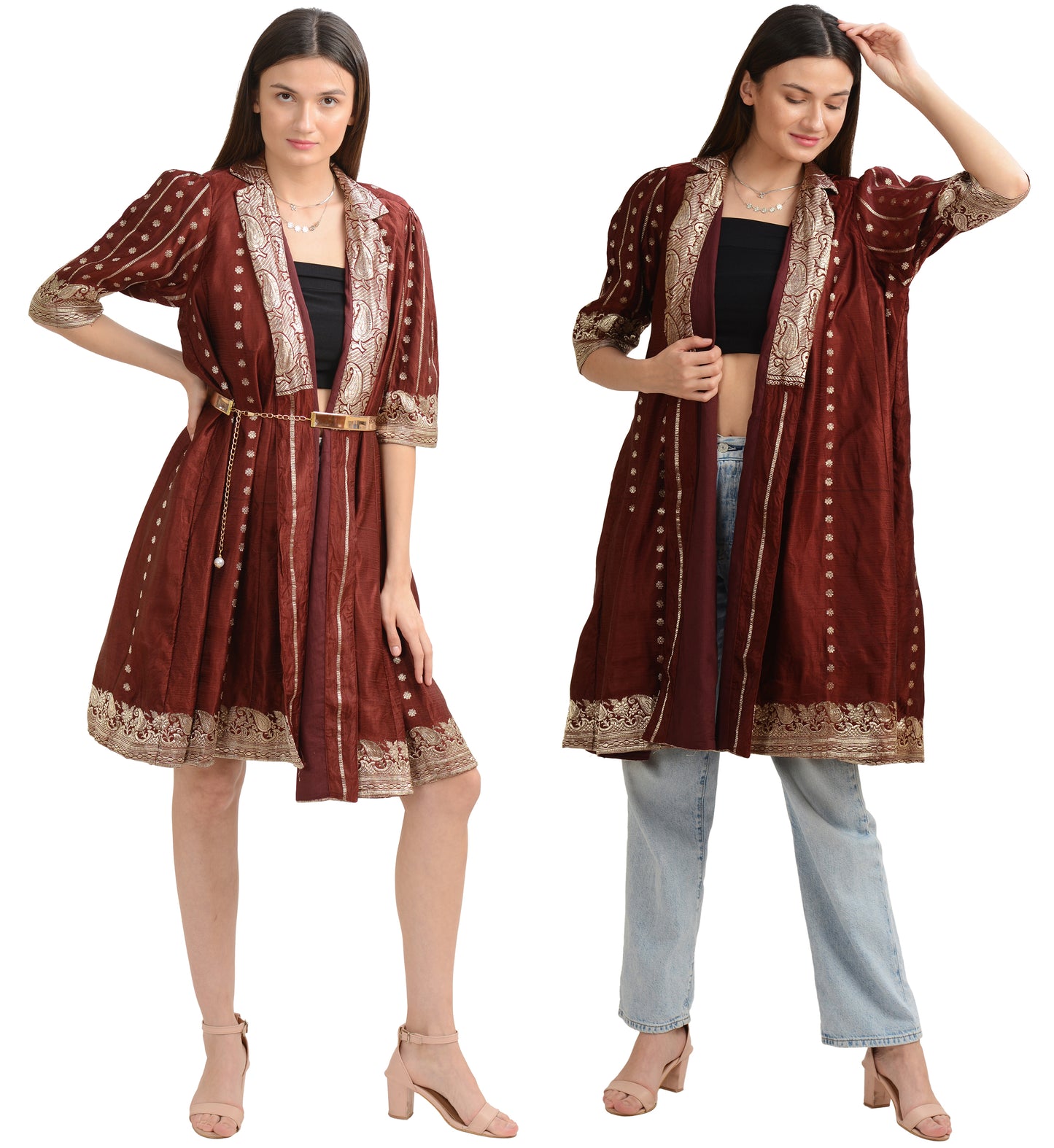 Sanskriti Vintage Long Flared Jacket Satin Silk Brocade, Upcycled Free Size