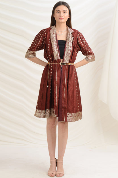 Sanskriti Vintage Long Flared Jacket Satin Silk Brocade, Upcycled Free Size