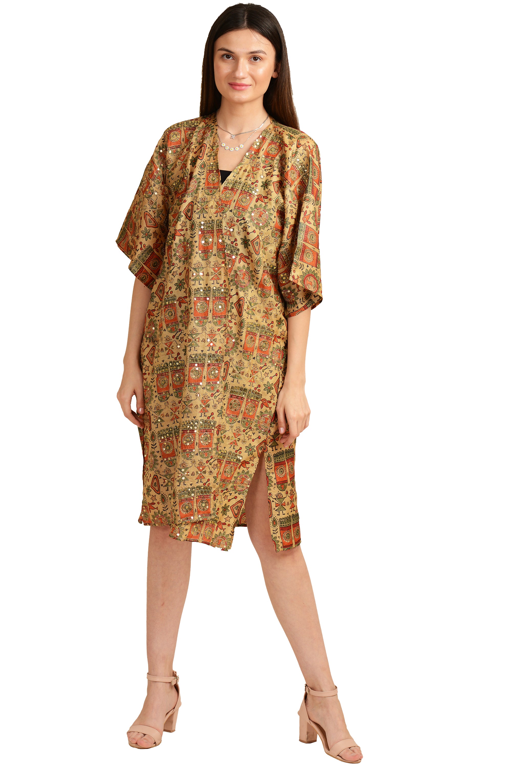 Sanskriti Vintage Kimono Jacket Pure Silk Hand Block Print, Upcycled Free Size