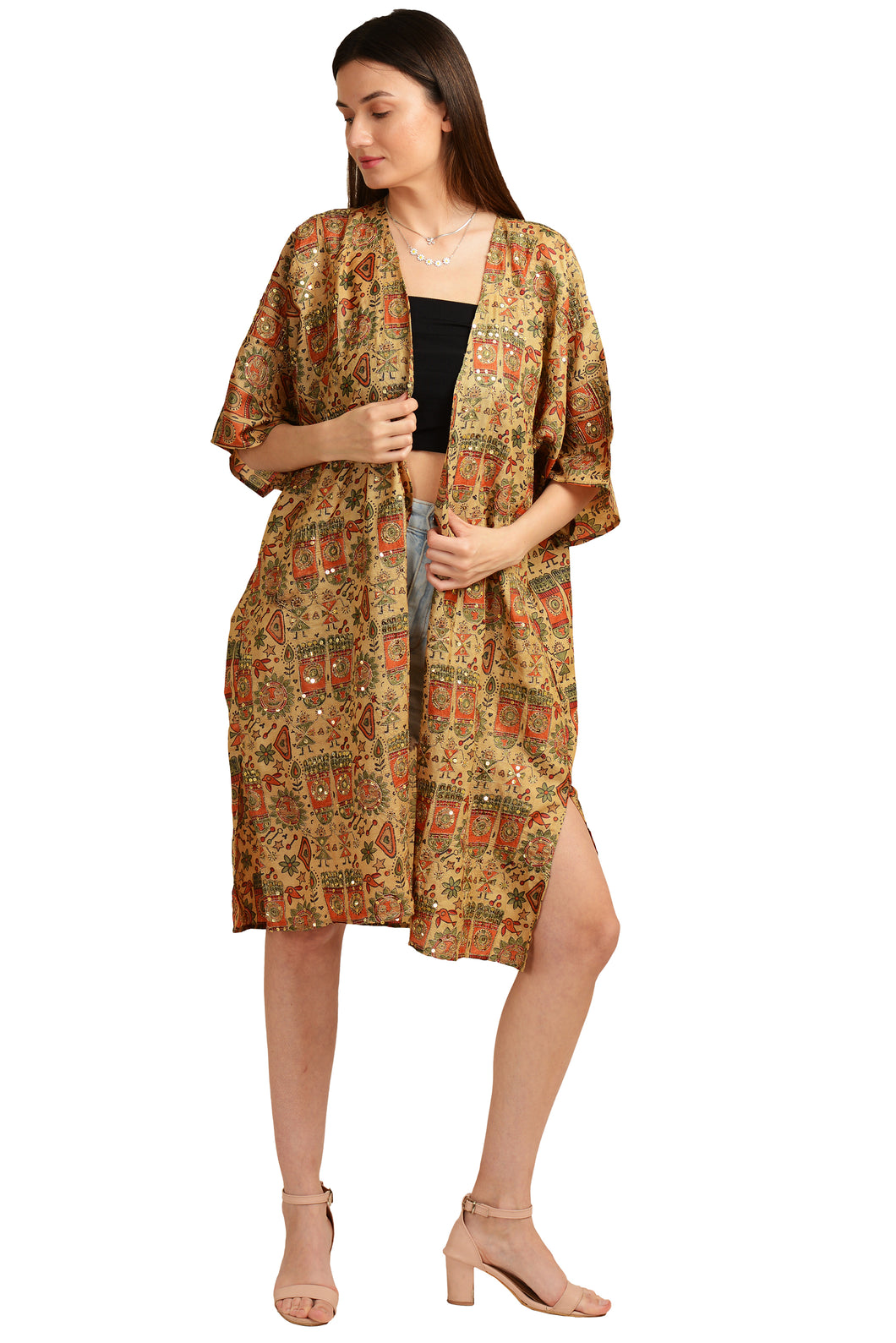 Sanskriti Vintage Kimono Jacket Pure Silk Hand Block Print, Upcycled Free Size