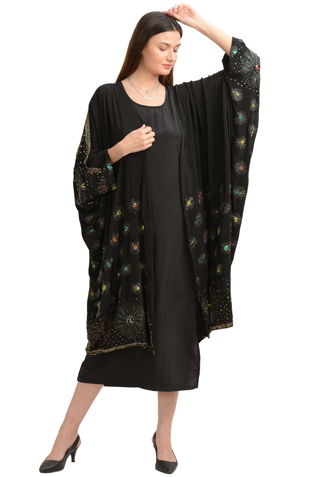 Sanskriti Vintage Batwing Kimono Pure Crepe Silk Beaded, Upcycled Free Size