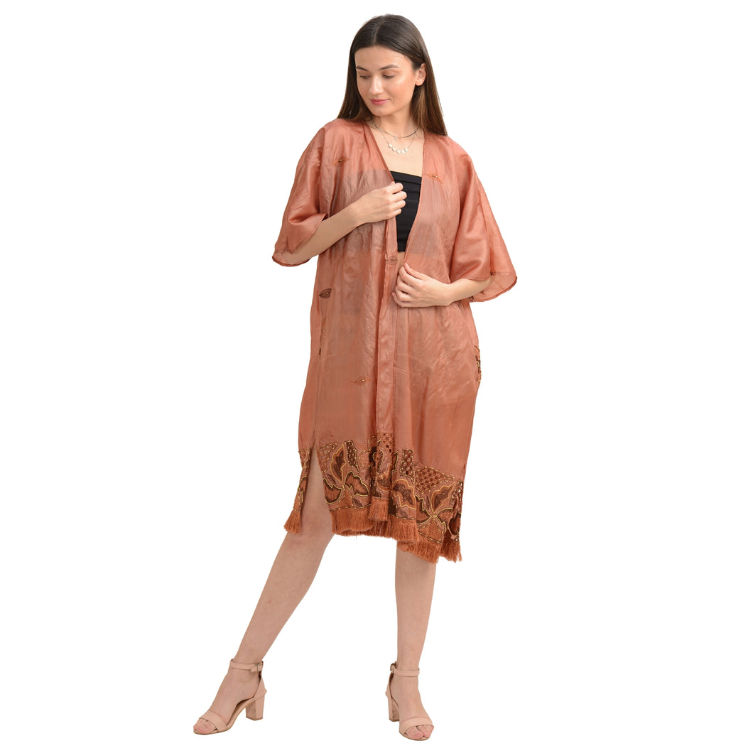 Sanskriti Vintage Kimono Jacket Cover-Up Pure Silk Floral, Upcycled Free Size