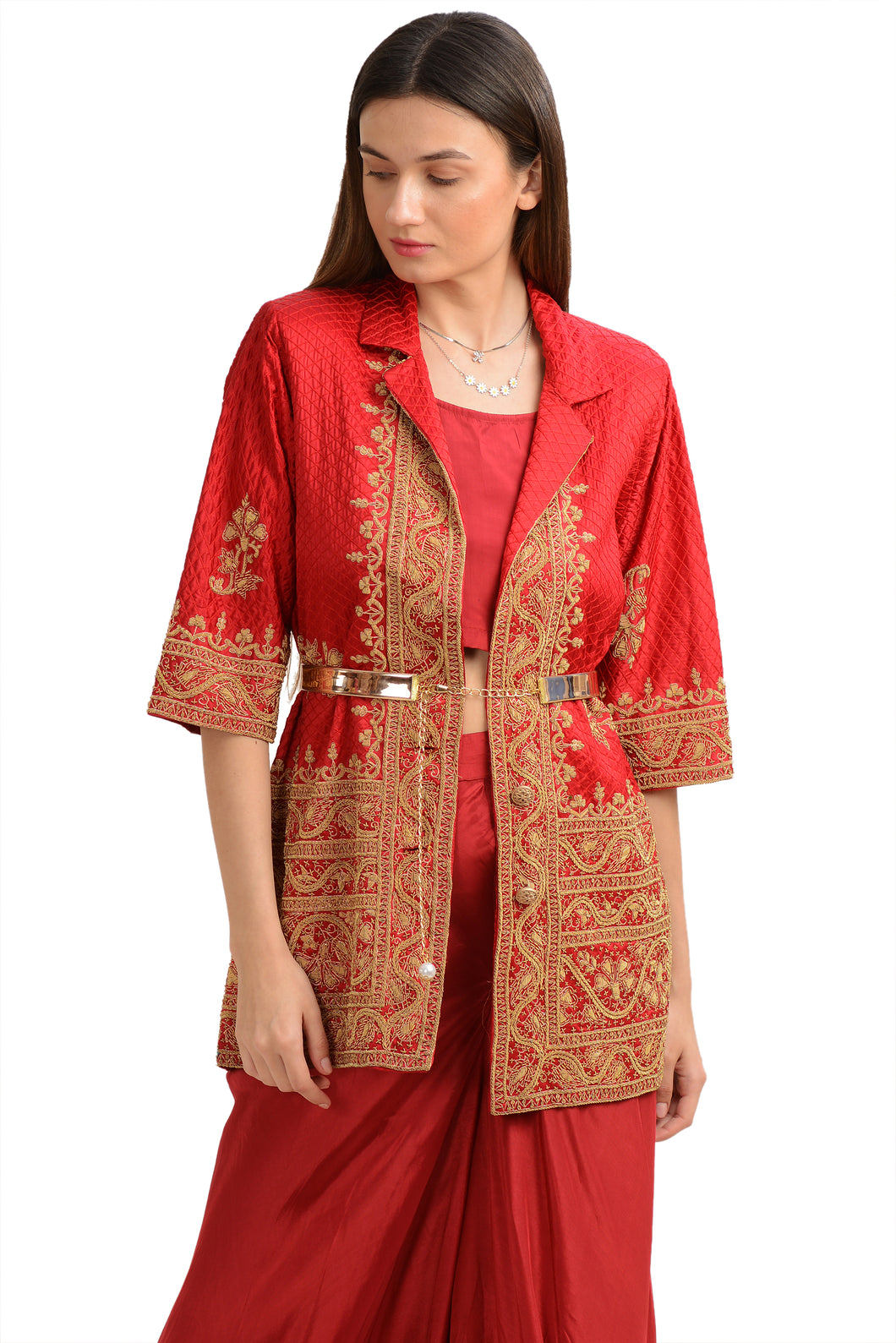 Sanskriti Vintage Straight Fit Jacket Satin Silk Zardozi, Upcycled Free Size