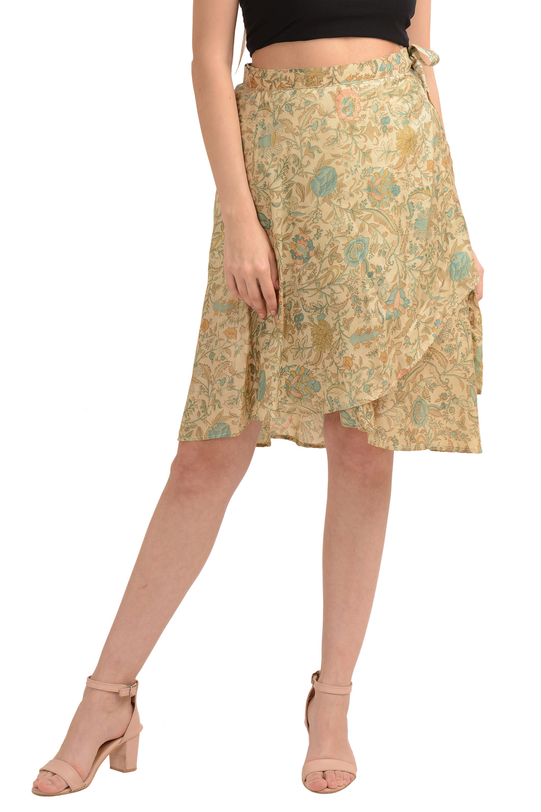 Sanskriti Vintage Wrap Skirt Pure Silk Floral Printed, Upcycled Free Size