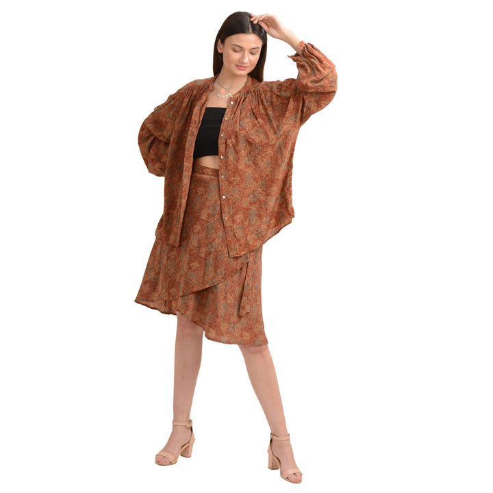 Sanskriti Vintage Coord Set Pure Crepe Silk Floral Printed, Upcycled Free Size
