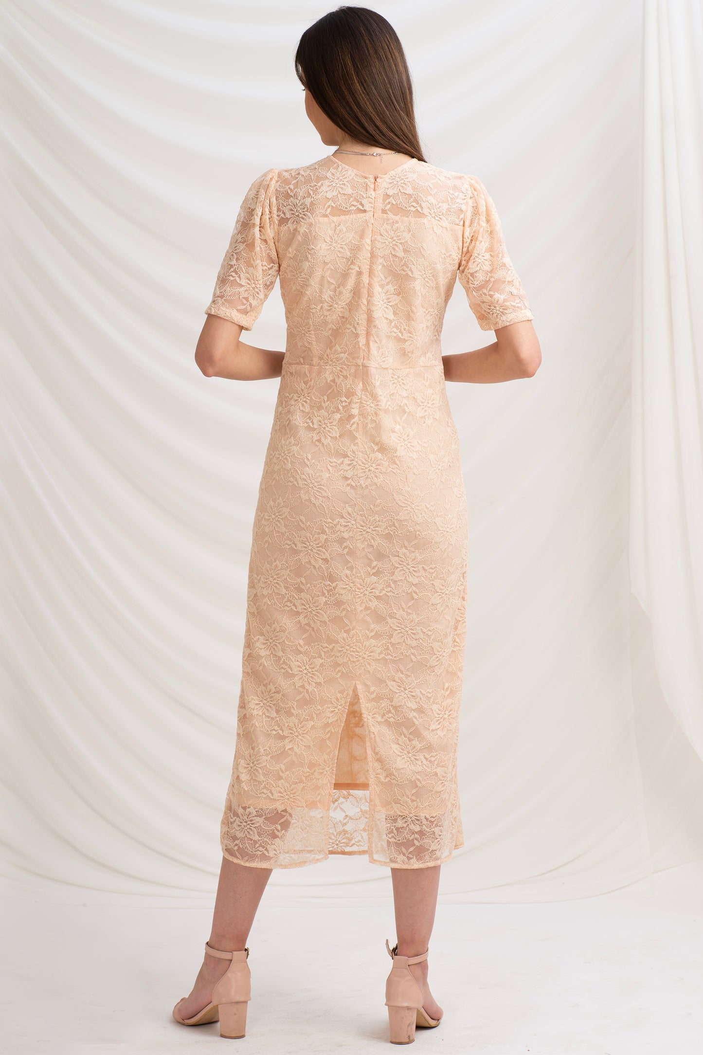 Sanskriti Vintage Straight Fit Dress, Peach Soft Net Upcycled Sari, Medium Size