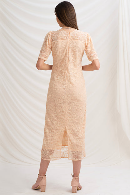 Sanskriti Vintage Straight Fit Dress, Peach Soft Net Upcycled Sari, Medium Size