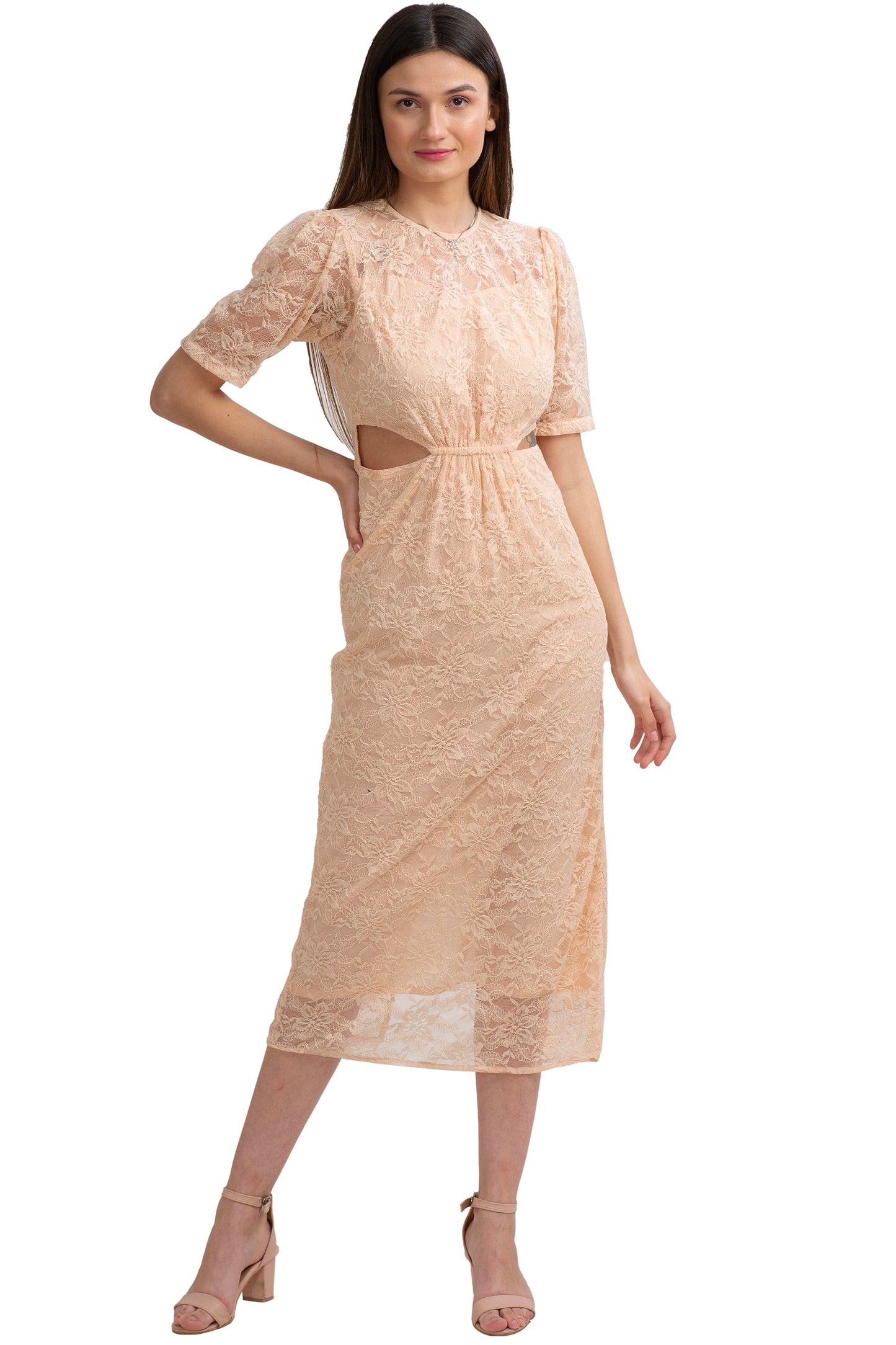 Sanskriti Vintage Straight Fit Dress, Peach Soft Net Upcycled Sari, Medium Size