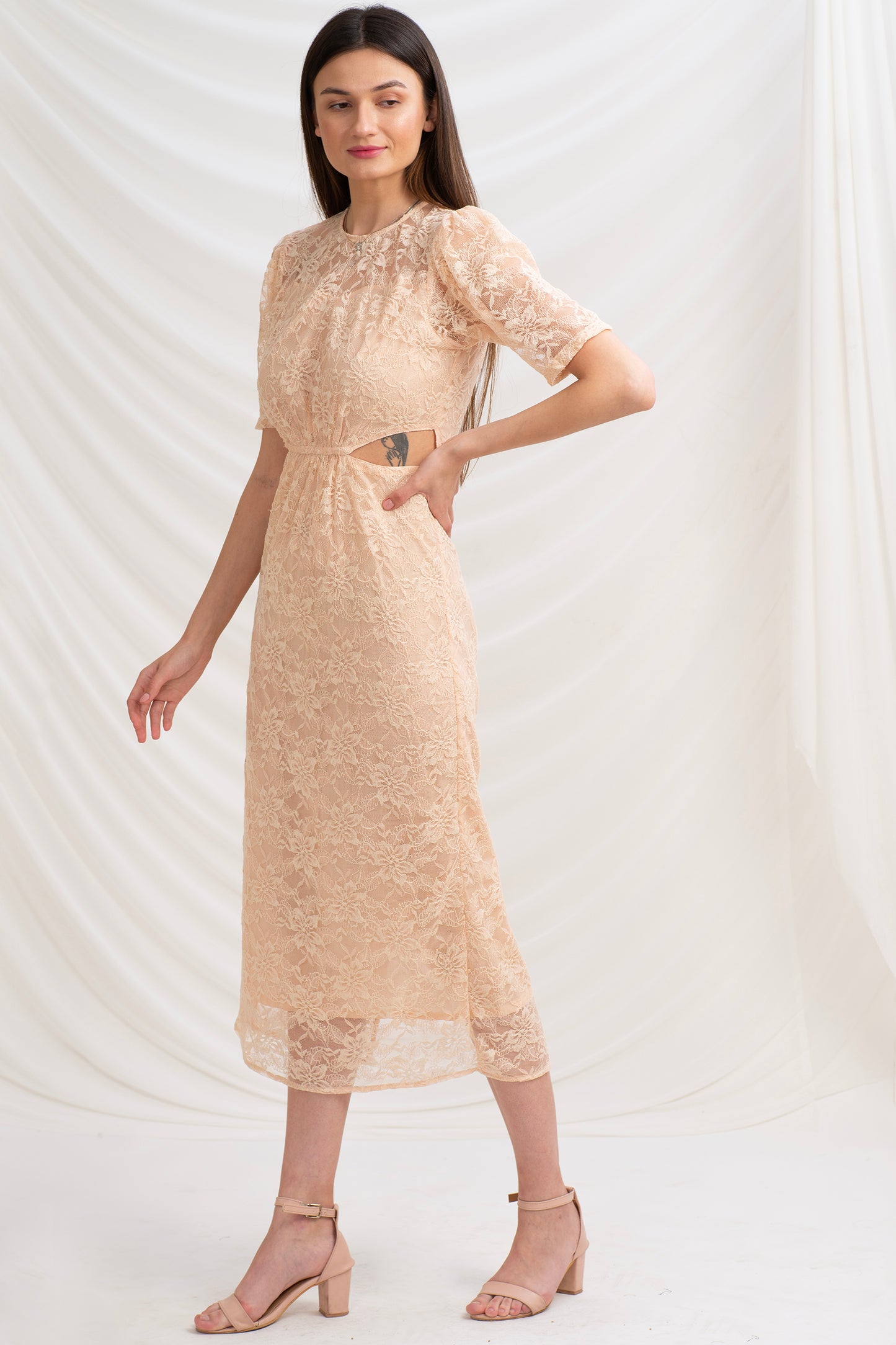 Sanskriti Vintage Straight Fit Dress, Peach Soft Net Upcycled Sari, Medium Size