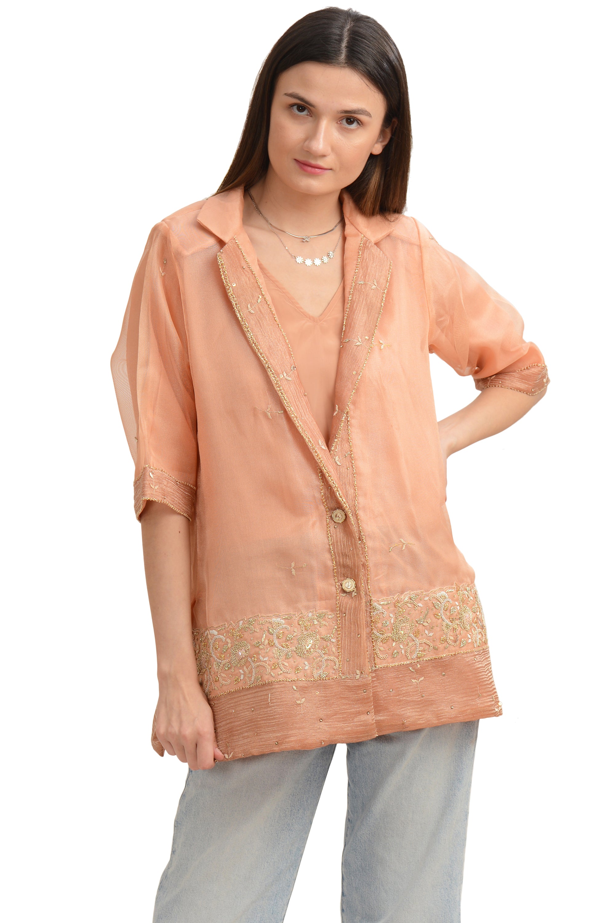 Sanskriti Vintage Straight Fit Jacket Tissue Floral Zardozi, Upcycled Free Size