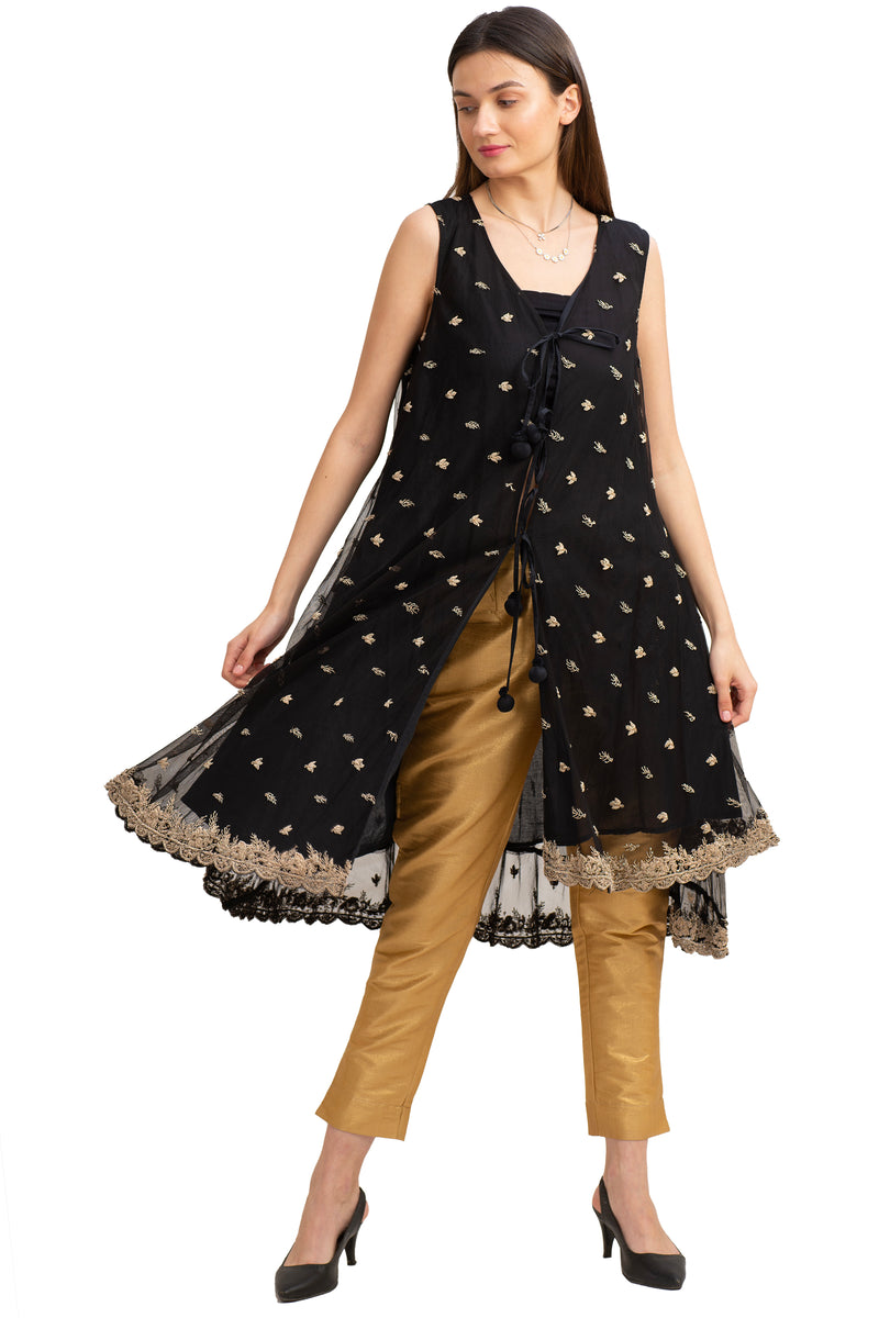 Длинный расклешенный пиджак Sanskriti Vintage Net Mesh Floral Zardozi, переработанный свободный размер