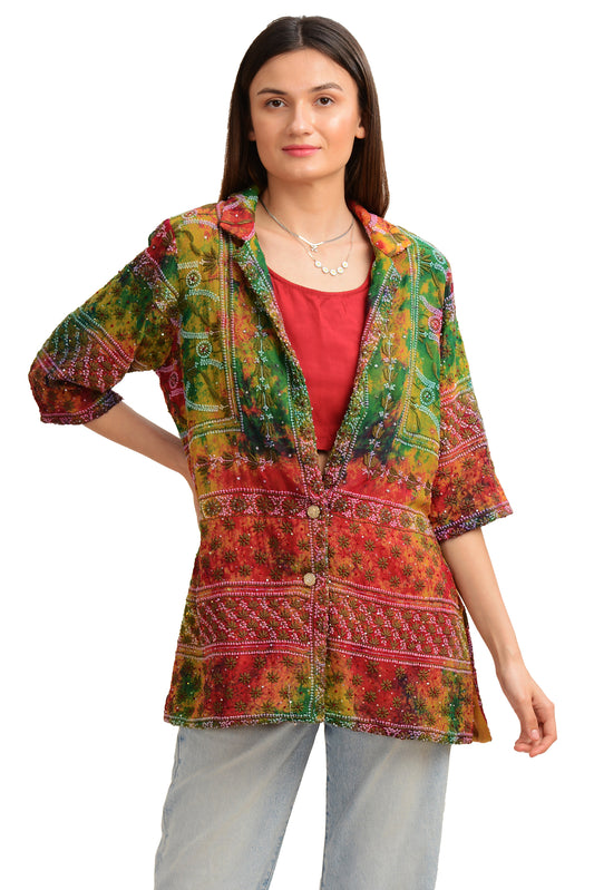 Sanskriti Vintage Straight Fit Jacket Georgette Tie-Dye Phulkari, Free Size