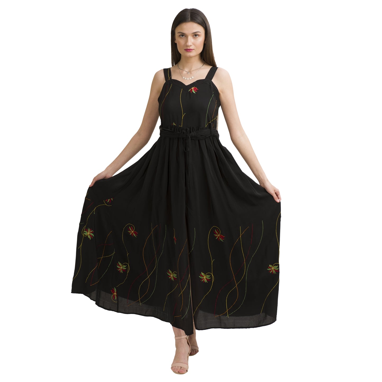 Sanskriti Vintage Sweetheart Maxi Dress Black Pure Crepe Silk Floral Sleeveless