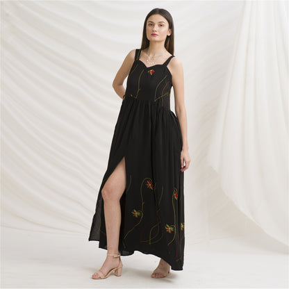 Sanskriti Vintage Sweetheart Maxi Dress Black Pure Crepe Silk Floral Sleeveless