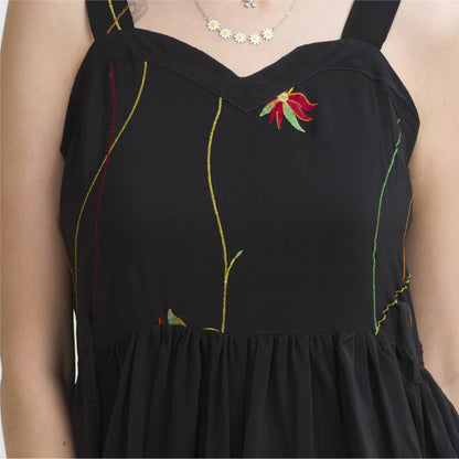 Sanskriti Vintage Sweetheart Maxi Dress Black Pure Crepe Silk Floral Sleeveless