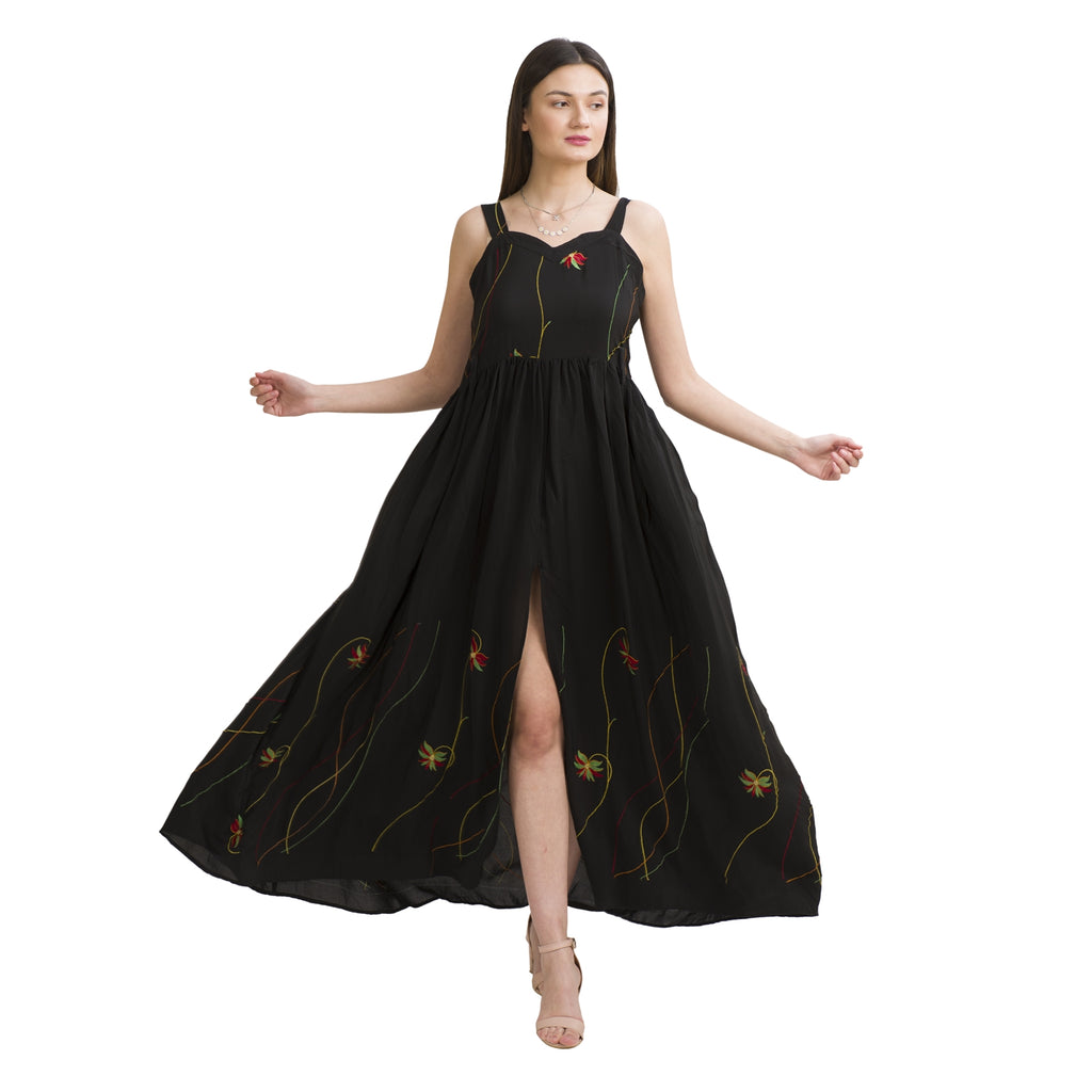 Sanskriti Vintage Sweetheart Maxi Dress Black Pure Crepe Silk Floral Sleeveless