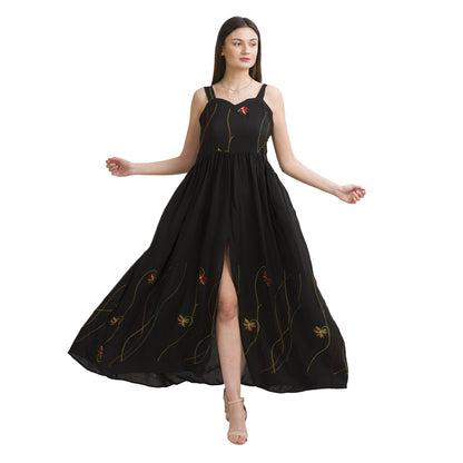 Sanskriti Vintage Sweetheart Maxi Dress Black Pure Crepe Silk Floral Sleeveless