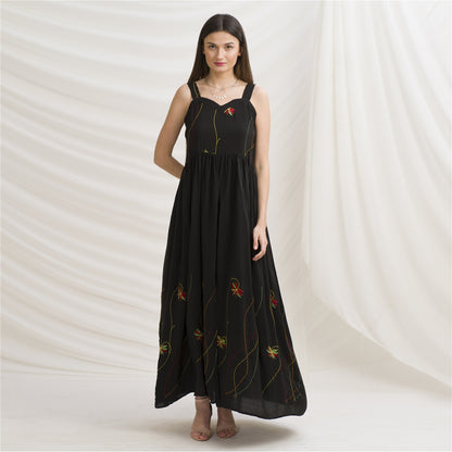 Sanskriti Vintage Sweetheart Maxi Dress Black Pure Crepe Silk Floral Sleeveless