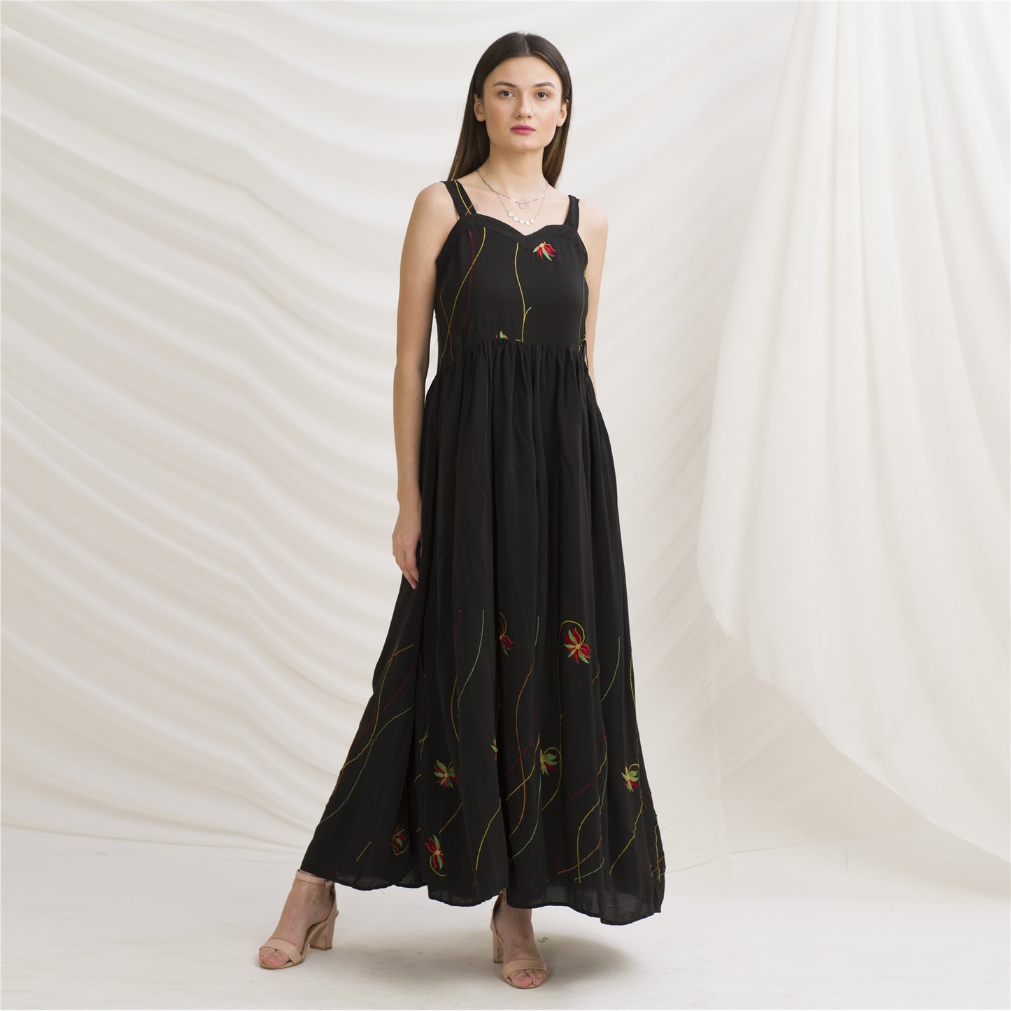 Sanskriti Vintage Sweetheart Maxi Dress Black Pure Crepe Silk Floral Sleeveless