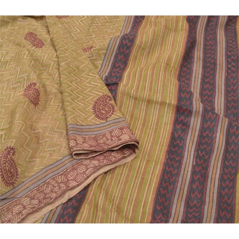 Sanskriti Vintage Sari 100% Pure Woolen Green Sarees Printed & Woven 5yd Craft Fabric upholstery fabric