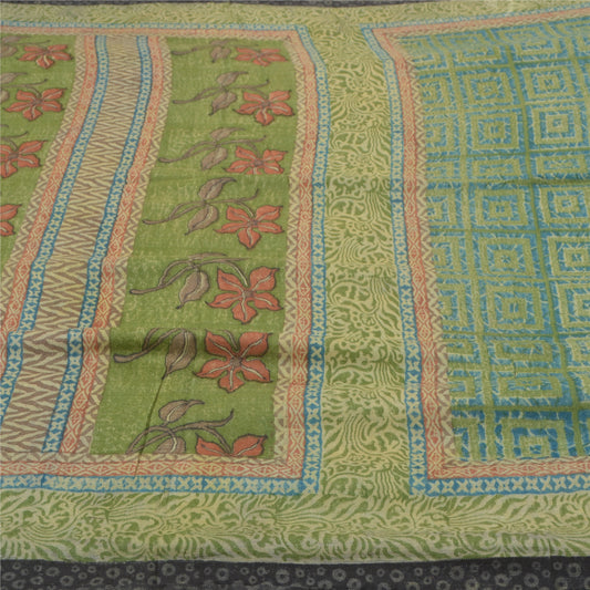 Sanskriti Vintage Grønne Tunge Sarier Ren Uld Bæredygtigt Stof Trykt &amp; Vævet Sari