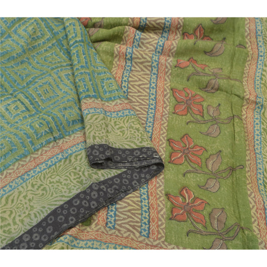 Sanskriti Vintage Grønne Tunge Sarier Ren Uld Bæredygtigt Stof Trykt &amp; Vævet Sari