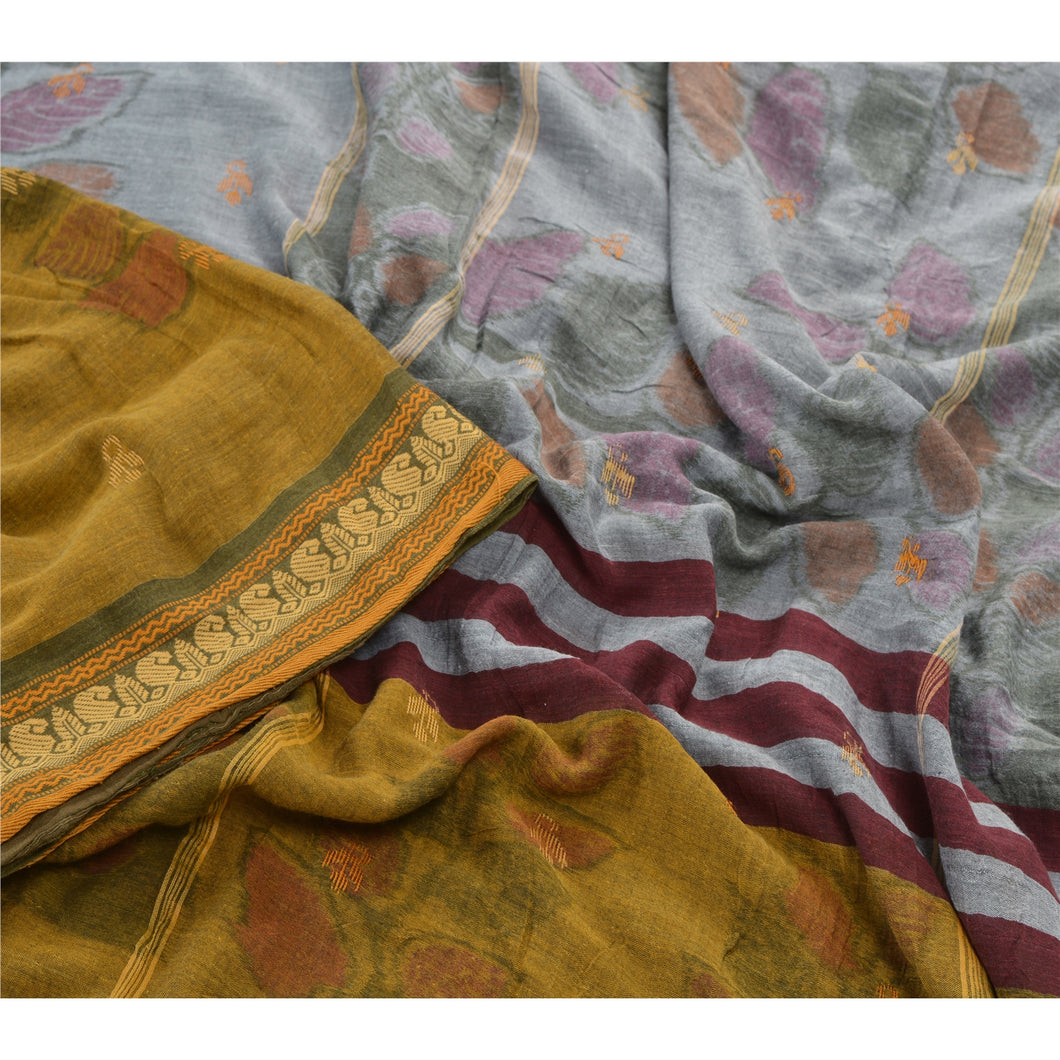Sanskriti Vintage Heavy Indian Sari 100% Pure Cotton Fabric Grey Woven Sarees