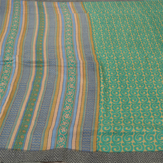 Sanskriti Vintage Heavy Green Sari 100% Pure Woolen Sustainable Fabric Printed 5 Yard Sarees