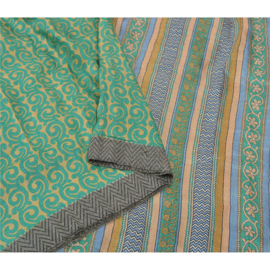 Sanskriti Vintage Heavy Green Sari 100% Pure Woolen Sustainable Fabric Printed 5 Yard Sarees